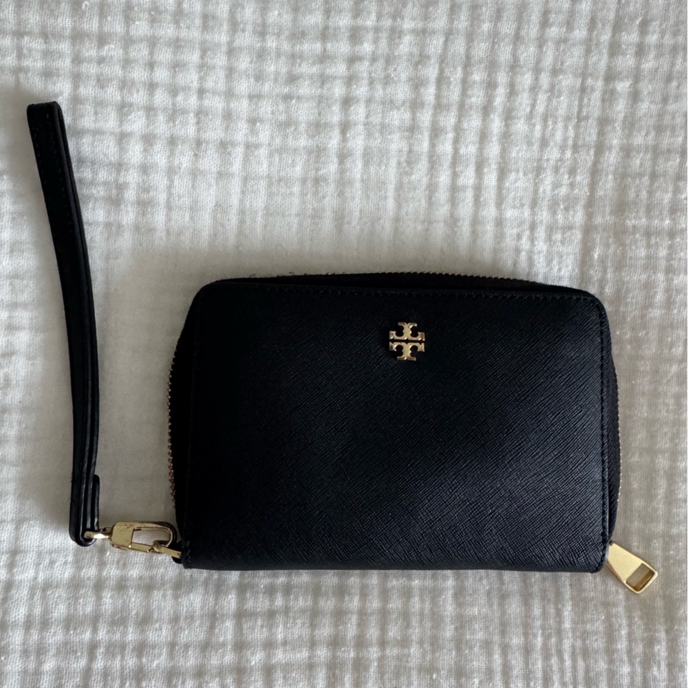 Tory Burch Black Leather Wristlet with Gold Accents